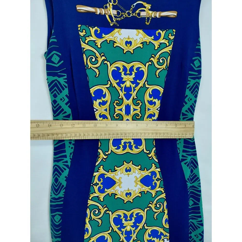 Cache Blue Sheath Knee Length Geometric Dress Women Size M